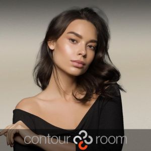 A young and beautiful woman is promoting the Sofwave skin tightening treatment offered at Contour RoomTM in Sherman Oaks, Pasadena, and Agoura Hills, California.
